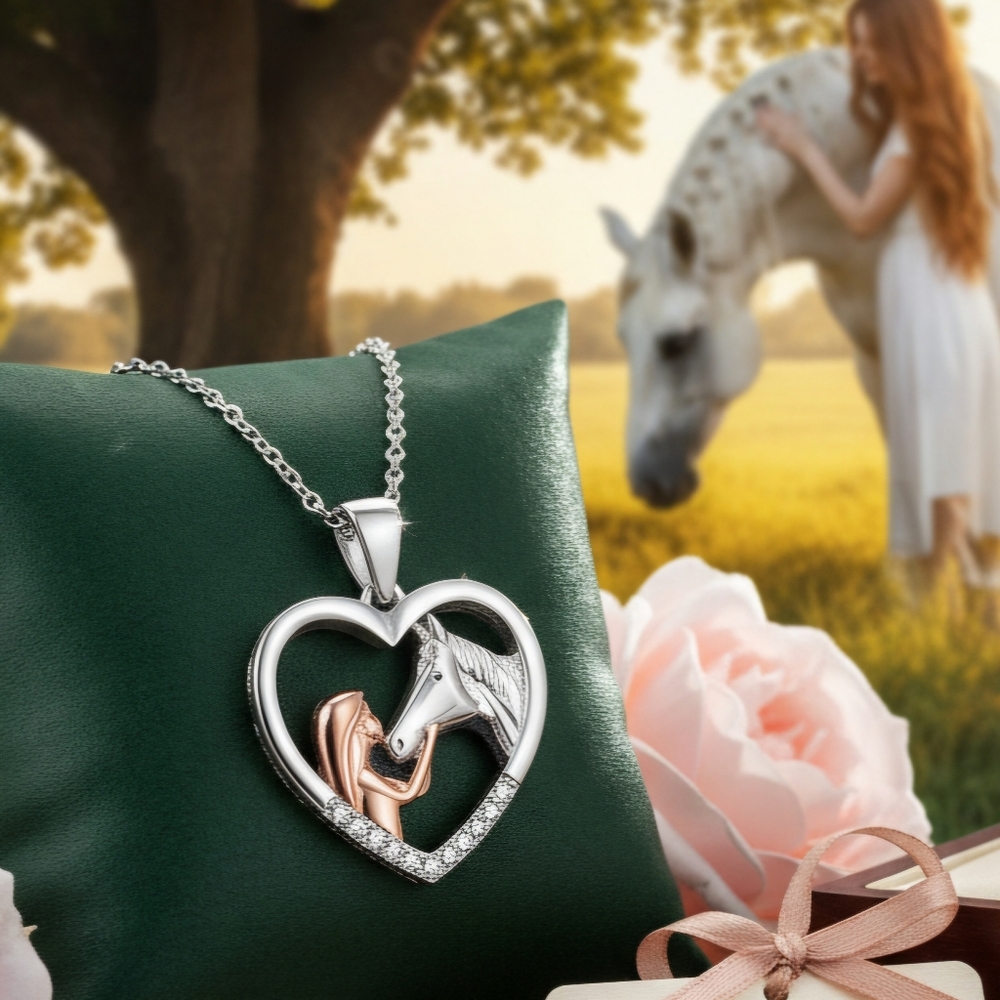 Moissanite Silver and Rose Gold Heart Horse & Girl Pendant Necklace